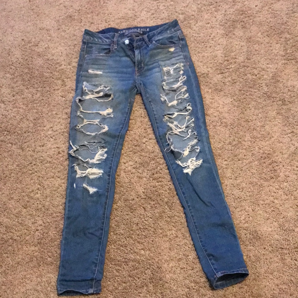 American Eagle distressed skinny jeans. Mid high, super stretch.